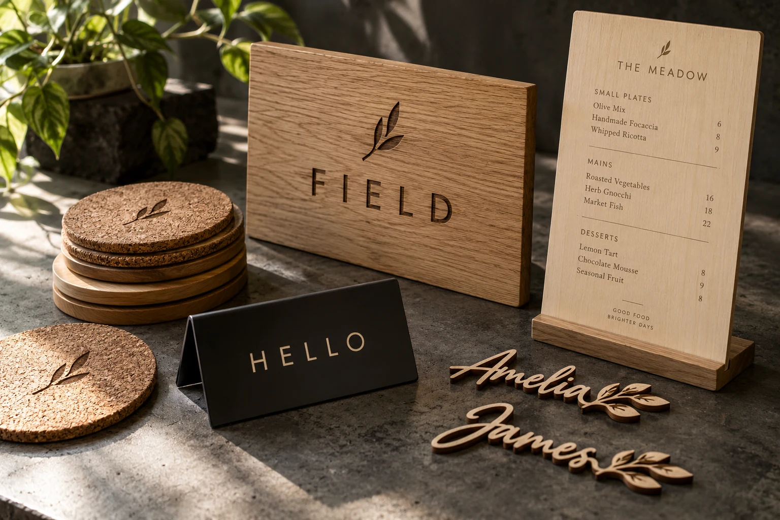Illustrative custom laser engraved business sign, branded coasters and acrylic desk sign on a workshop bench
