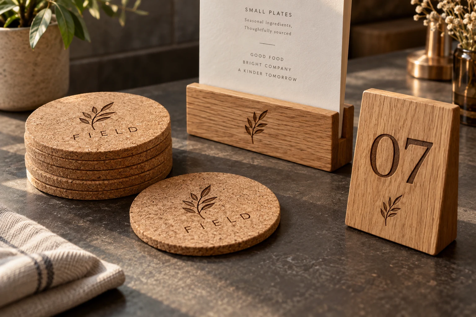 Illustrative logo-engraved cork coasters, wooden menu holder and table number